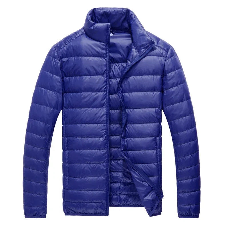 Schinteon Men Ultralight White Duck Down Jacket Thin Stand Collar Solid Color Simple Autumn Outwear
