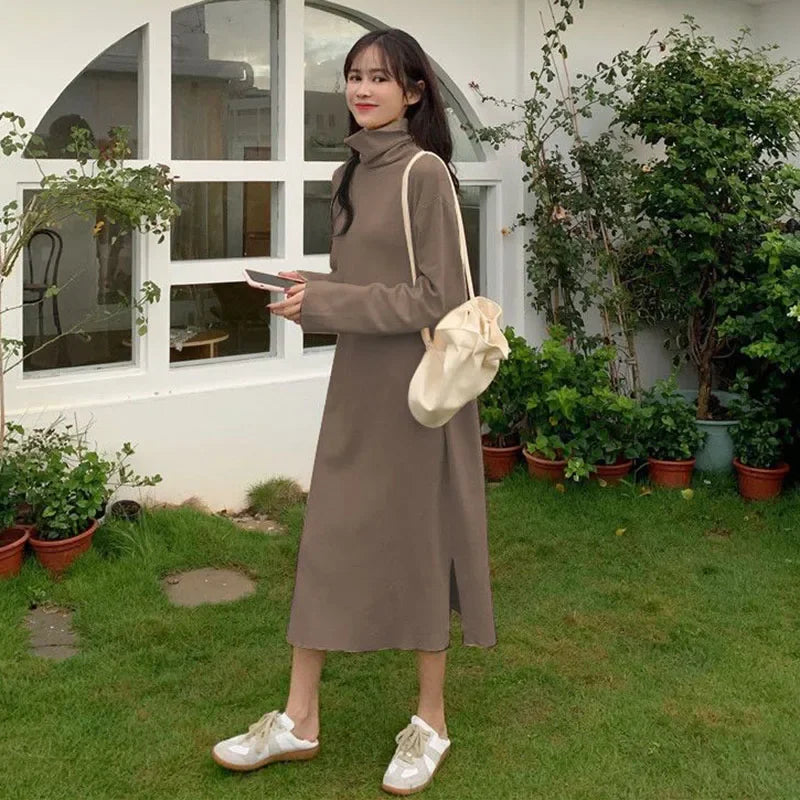 Smvp Fall Winter Turtleneck Long Dress Women Basic Solid Casual Loose Long Sleeve Dresses Female Streetwear Side Split Dress