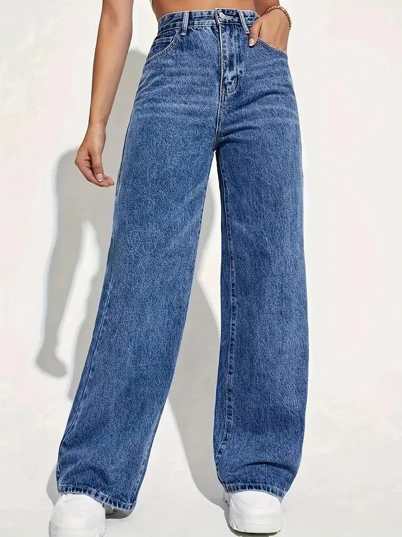 Fashion retro blue jeans women y2k High street baggy straight pants High waisted all-in-one slim pants
