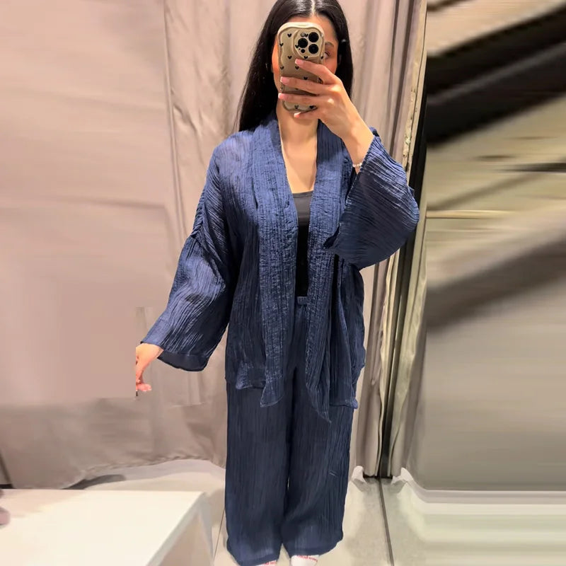 Tie Front Textured Women Set V-Neck Loose Set Wide Sleeve Drawstring Pants Casual Lounge Solid Color 2 Piece Outfits For Daily