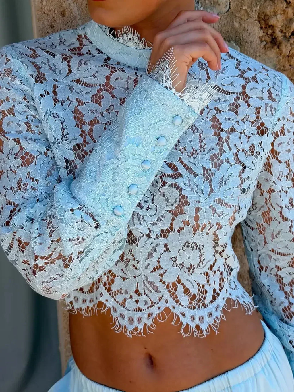 Lace Top Pants 2 Piece Set Women Chic Solid Half High Collar Cropped Back Split Long Pant Suit 2026 Lady Daily Street Outfit New