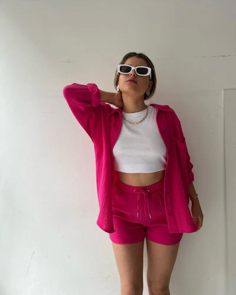 Women's Summer Shorts Set White Long Shirt High Waisted Pants Sets Casual Outfit Streetwear Suits For Women Female Clothing 2025