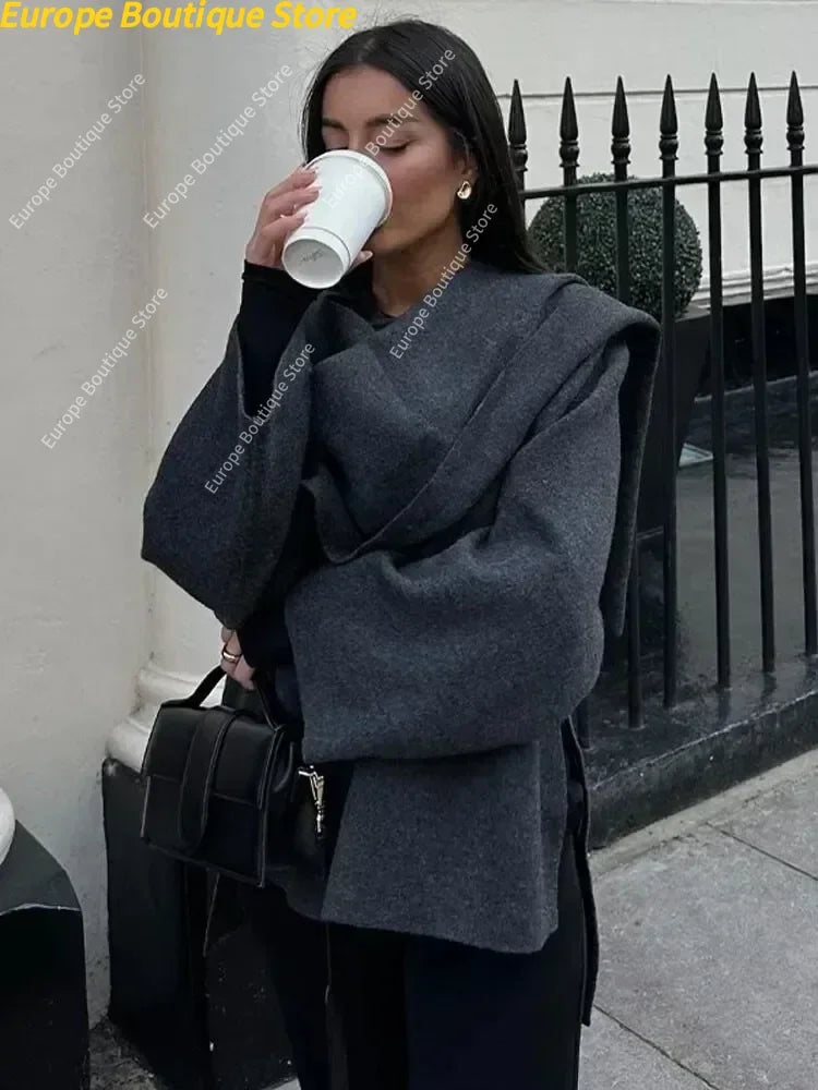 Autumn Short Gray Knitted Cloak Jacket Ladies with Scarf Women Fashion Long Sleeve Loose Cardigan Female Winter Elegant Chic New