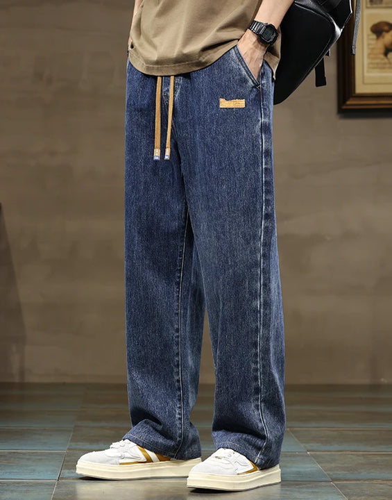 Men Straight Leg Blue Gray Loose Y2K Drawstring Jeans Streetwear Casual Wide Denim Pants Male Baggy Stylish Harajuku Trousers