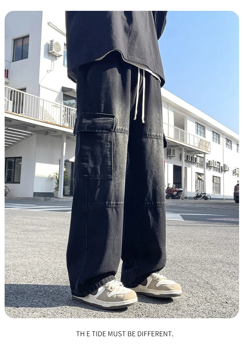 2025 new men's cement grey work jeans Y2K street hip-hop large pocket wide-leg straight jeans trousers jogging black light blue