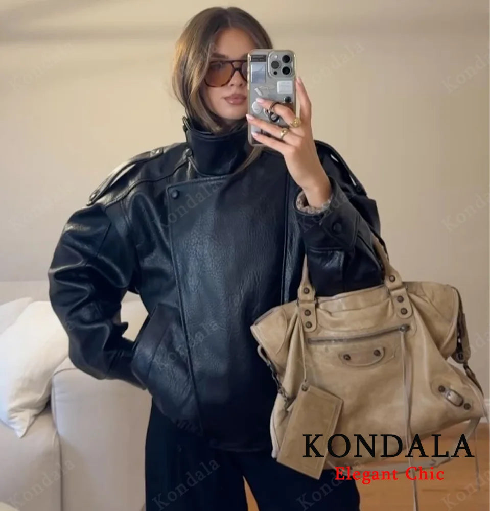 Women 2025 Fall Winter Leather Standing Collar Jacket Faux PU Zipper Pilot Jacket Coat Casual Fashion Outwear Ladies Jacket