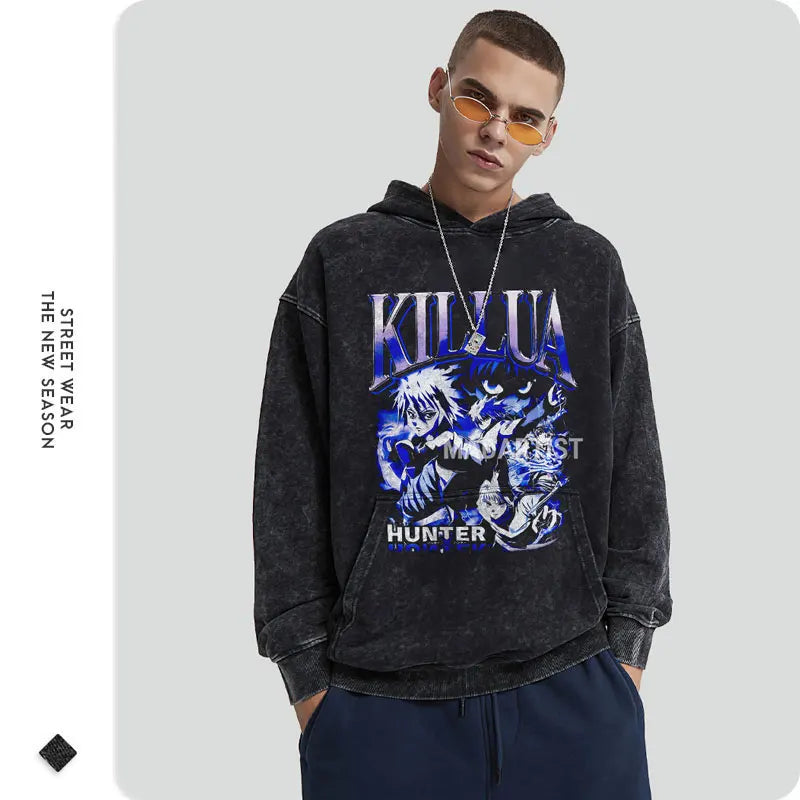 Killua Zoldyck Hoodies Vintage Washed Anime Hunter Hooded Sweatshirts Oversized Streetwear Manga Gon Kurapika Hoodie