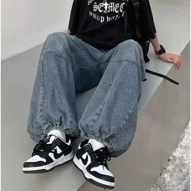 Baggy Jeans Women Oversized Vintage Denim Pants Men Retro Harajuku Wide Leg Jeans Casual Loose Elastic Waist Streetwear Trousers