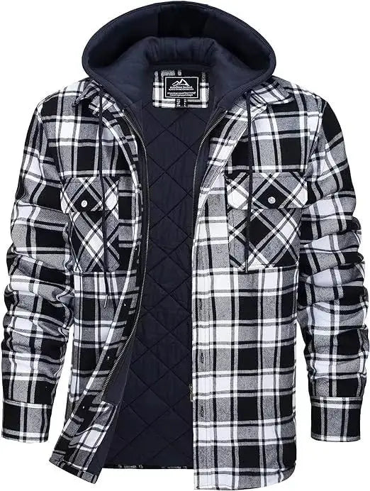 TACVASEN Men's Flannel Shirt Jacket with Removable Hood Plaid Quilted Lined Winter Coats Thick Hoodie Outwear Man Fleece Shirts