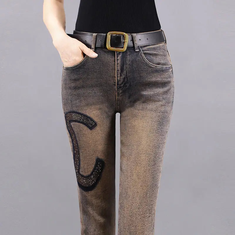 High waist Slim Jeans for Woman Streetwear Aesthetic Print Jean Pants Vintage Washed Denim Trouser