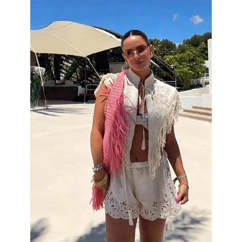 Chic Embroidery Tassel Shawl Women Casual Solid Stand Neck Sleeveless Irregular Short Top 2026 Female Vacation Daily Clothes New