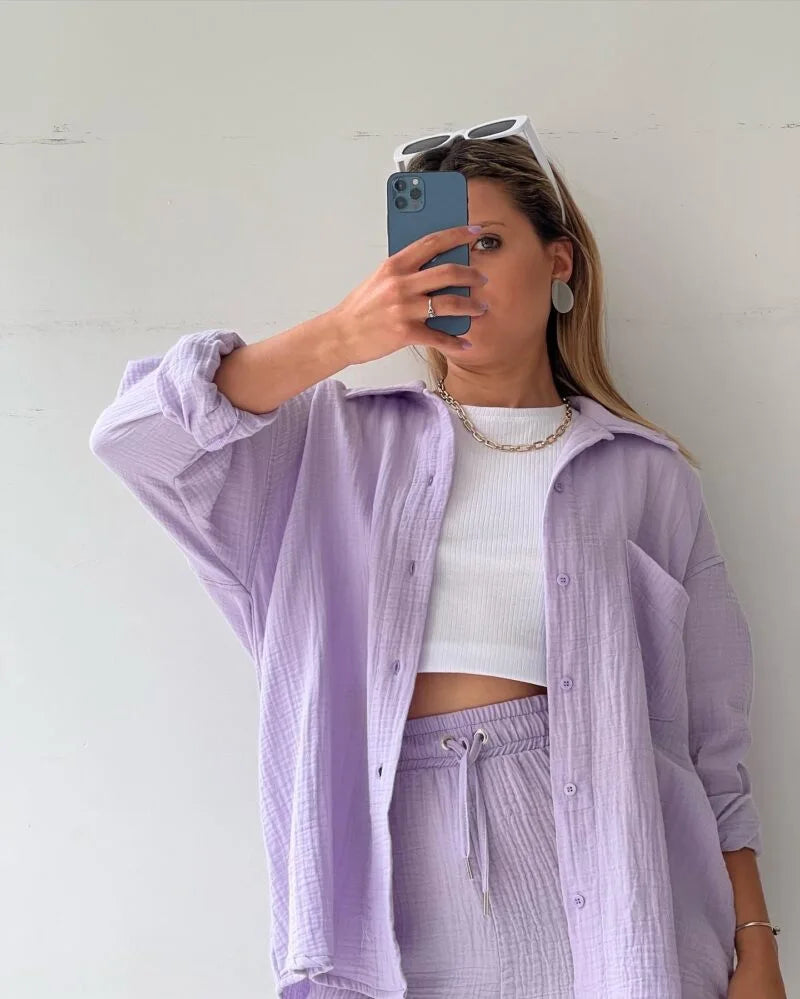 Women's Summer Shorts Set White Long Shirt High Waisted Pants Sets Casual Outfit Streetwear Suits For Women Female Clothing 2025