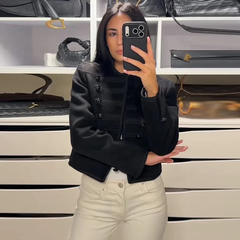 Casual Solid Women's Jacket O-Neck Full Sleeve Button Black Lady Cropped Jackets 2026 Spring Chic Female Street Outerwear