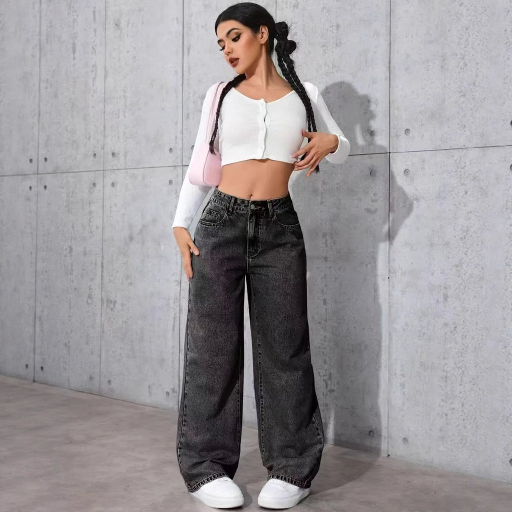 Size:S-5XL Women's Wide-Leg Jeans High-Waist Plus-Size Jeans Summer Autumn Girl Wide Leg Pants Straight-Leg Loose Casual Pants