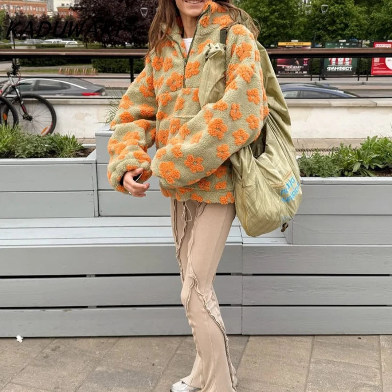 KADUWAKI Retro Christmas Women's Fashion Polar Fleece Flower Blossoms Sweaters Cotton Loose Warm Fur Stand Up Collar Zipper Tops