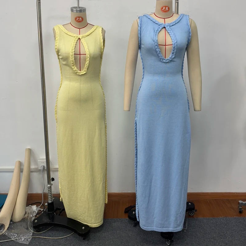 Women Elegant Maxi Dress Keyhole Neckline Braided Trim Sleeveless Backless High Slit Hem Solid Dresses 2026 Summer Fashion Gown