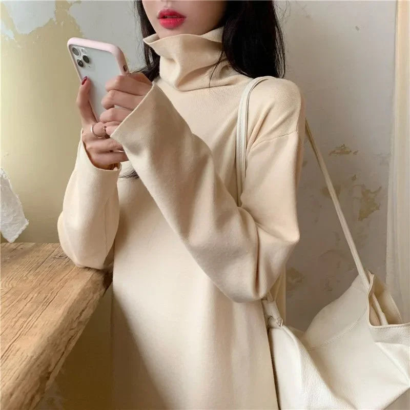Smvp Fall Winter Turtleneck Long Dress Women Basic Solid Casual Loose Long Sleeve Dresses Female Streetwear Side Split Dress