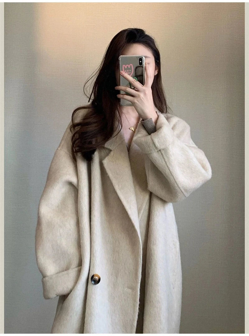 100% Wool Coat Lapel Overcoat Women Wool Blend Double Breasted Long Sleeve Shoulder Pad Coat 2024 Autumn Female Outwear