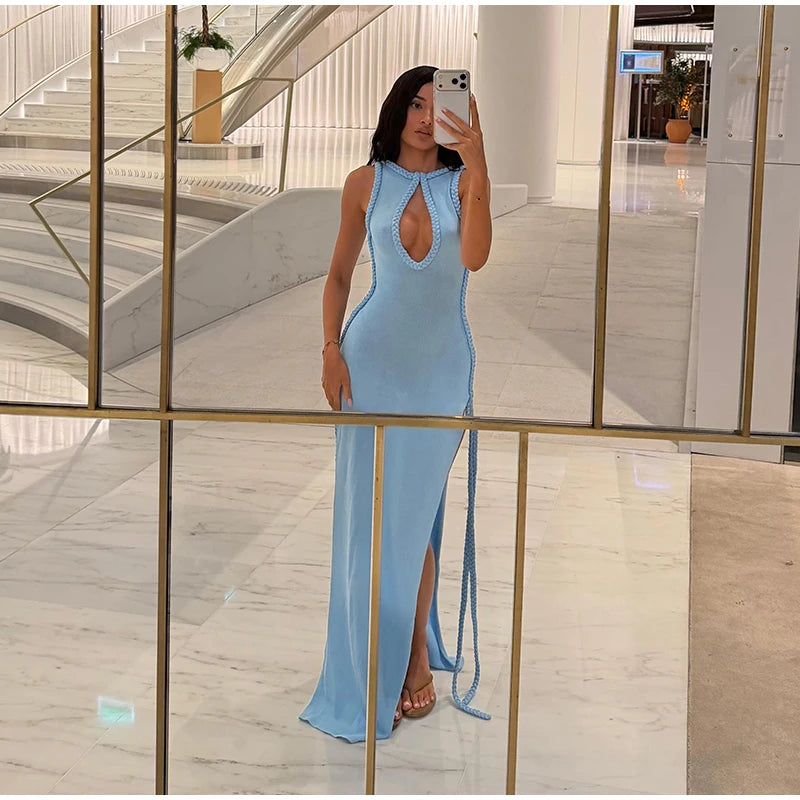 Women Elegant Maxi Dress Keyhole Neckline Braided Trim Sleeveless Backless High Slit Hem Solid Dresses 2026 Summer Fashion Gown