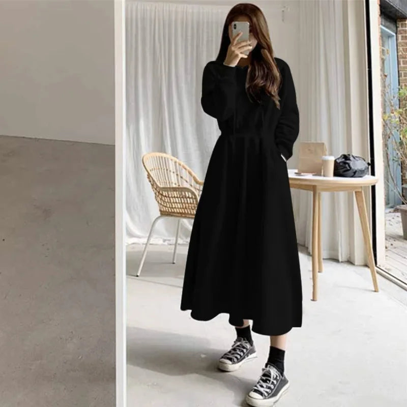Autumn Winter Casual Women Hooded Cotton Long Dress Long Sleeved Pullover Solid Hoodie Shirring A-Line Floor-Length Rib Dresses