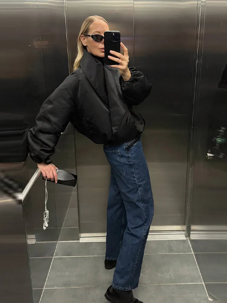 Vintage Women's Padded Bomber Jacket Loose Hidden Buckle Pockets Full Sleeve Stand Collar Black Coats 2026 Spring Autumn Outwear