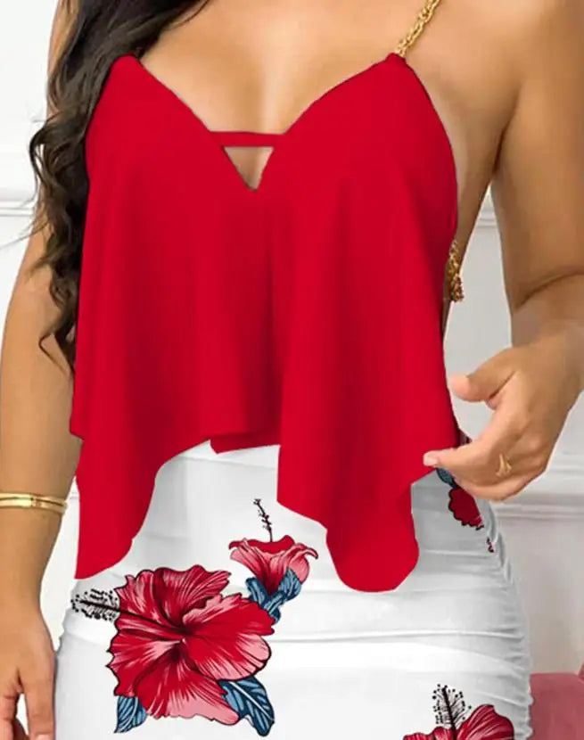 2026 Summer Women's Sexy Party Skirt Set Solid Color V-neck Asymmetric Ruffle Chain Belt Bareback Strap Top Ruffle Mini Hip Wrap