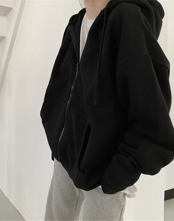 Hooded Solid Women Hoodies Zipper Sweatshirt Long Sleeve Cardigan Outerwear Loose Fit Casual Pockets Autumn 2025 Spliced