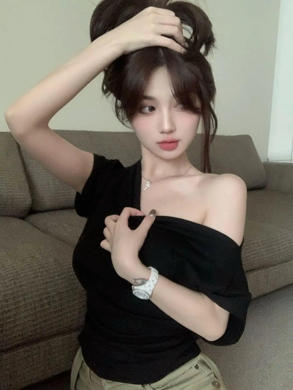 T-shirts Women Clothing Skew Collar Vintage Summer Aesthetic Sexy Off Shoulder Streetwear Elegant Minority Fashionable Pure 2023