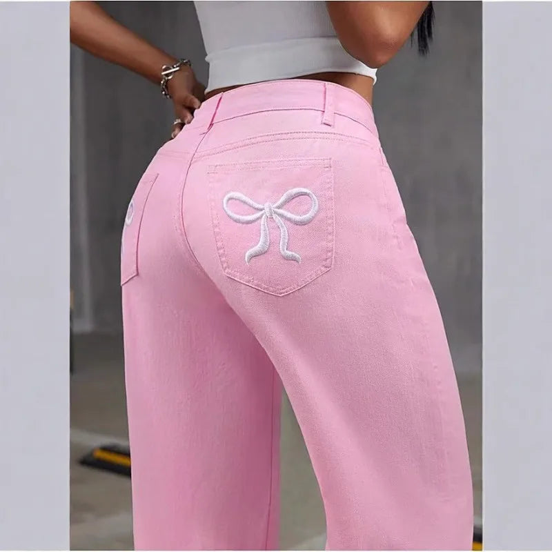 UNITIM Lady Versatile Washed Denim Trousers Women Straight Leg Slim Fit Jeans Pants Women Pockets Vintage Floor Length Trousers