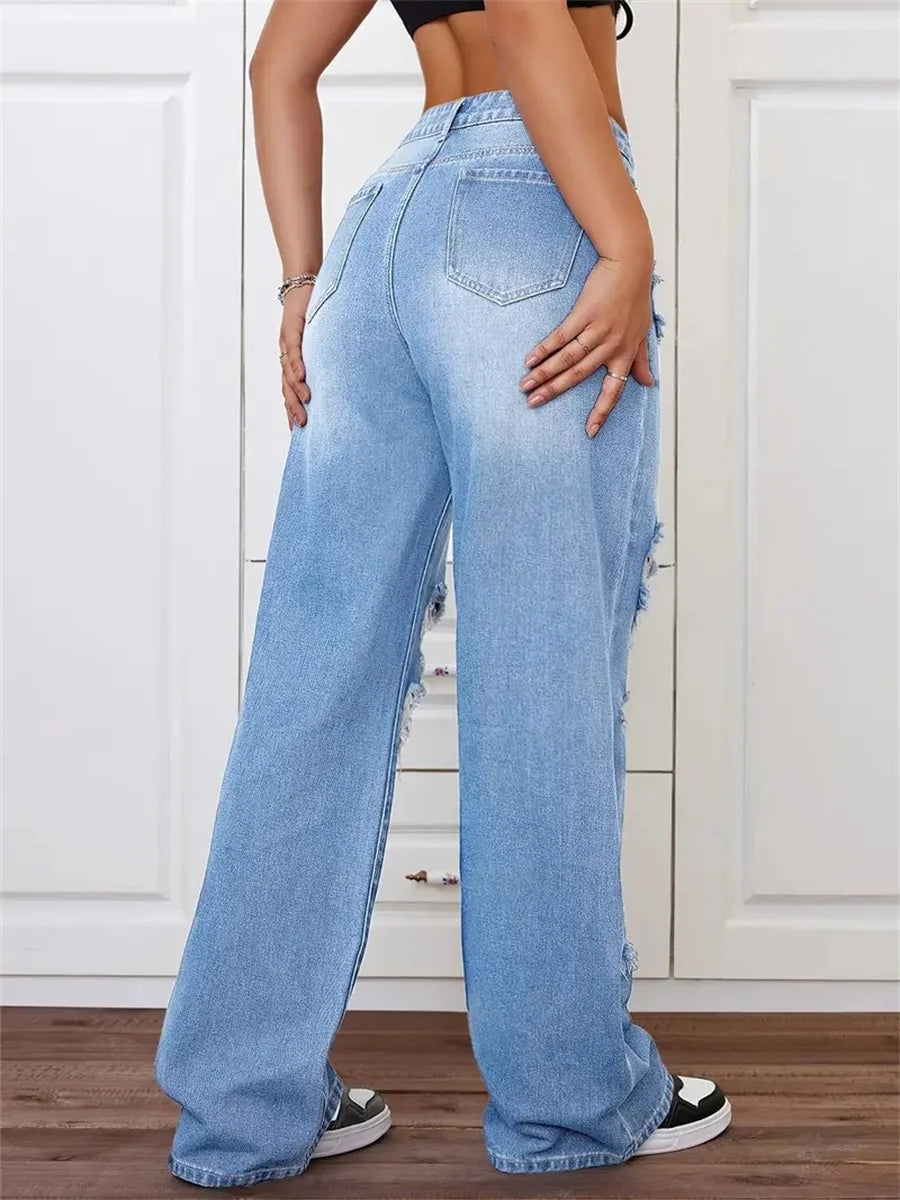 Benuynffy High Waisted Baggy Ripped Jeans Women's Streetwear Bf Style Washed All Match Straight Leg Denim Trousers Woman New