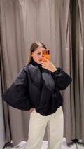 Vintage Women's Padded Bomber Jacket Loose Hidden Buckle Pockets Full Sleeve Stand Collar Black Coats 2026 Spring Autumn Outwear