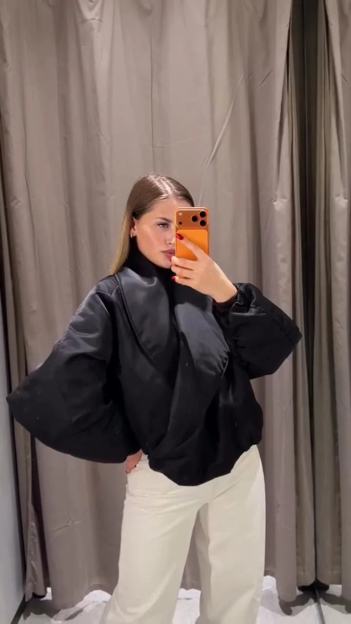 Vintage Women's Padded Bomber Jacket Loose Hidden Buckle Pockets Full Sleeve Stand Collar Black Coats 2026 Spring Autumn Outwear