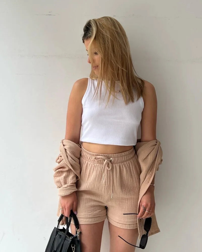 Women's Summer Shorts Set White Long Shirt High Waisted Pants Sets Casual Outfit Streetwear Suits For Women Female Clothing 2025