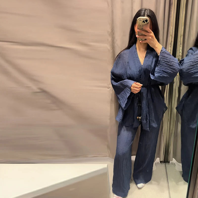 Tie Front Textured Women Set V-Neck Loose Set Wide Sleeve Drawstring Pants Casual Lounge Solid Color 2 Piece Outfits For Daily
