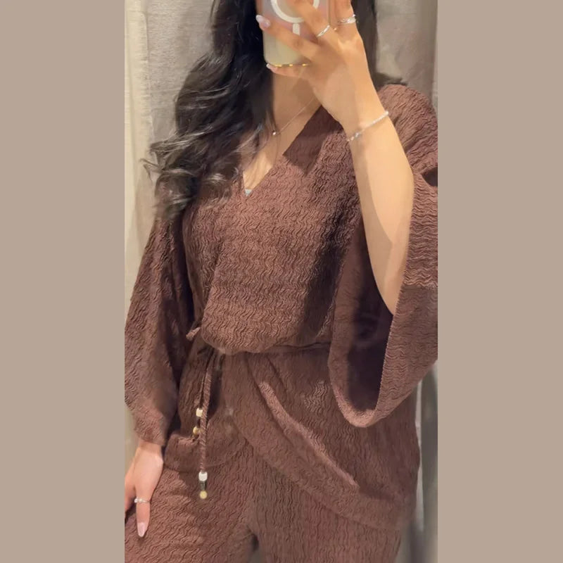 Tie Front Textured Women Set V-Neck Loose Set Wide Sleeve Drawstring Pants Casual Lounge Solid Color 2 Piece Outfits For Daily