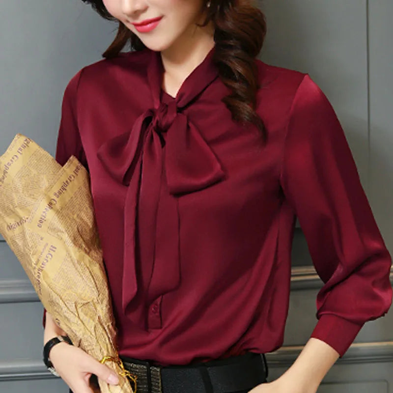 Autumn Loose Tops Womens Casual Chiffon Blouse V-Neck Solid Shirt Bow Lantern Sleeve Fashion Blouses Clothes Blusas Mujer 2198