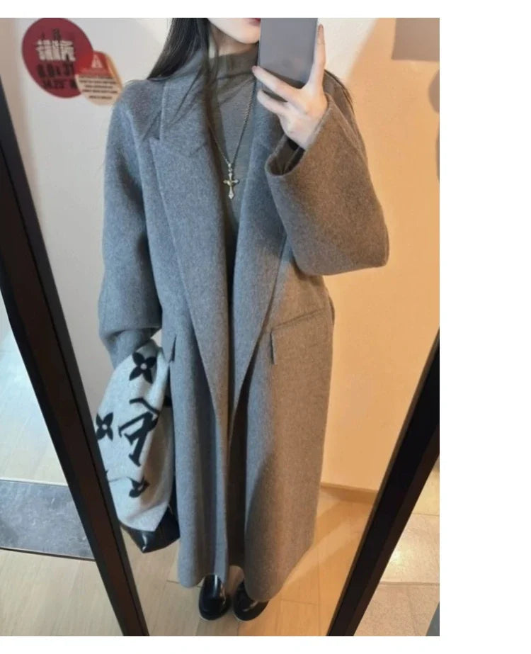 High-end Gray Women Thick Double-sided Wool Cashmere Coat New Loose Lapel Long Sleeve Woolen Coats Female Overcoat Winter
