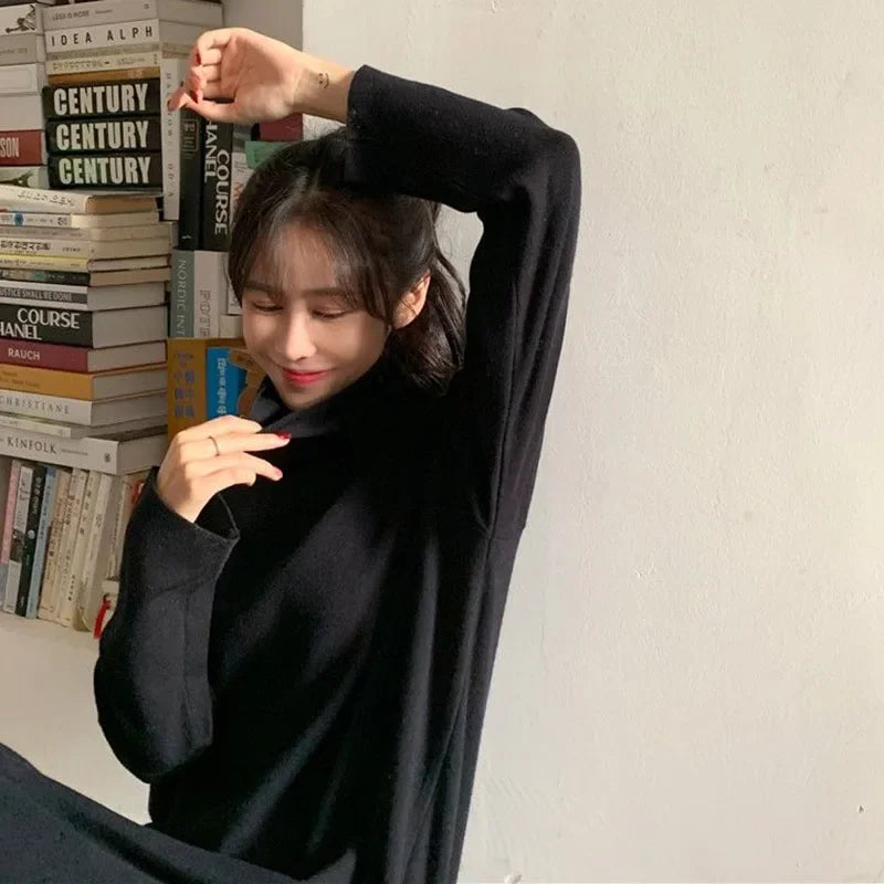 Smvp Fall Winter Turtleneck Long Dress Women Basic Solid Casual Loose Long Sleeve Dresses Female Streetwear Side Split Dress