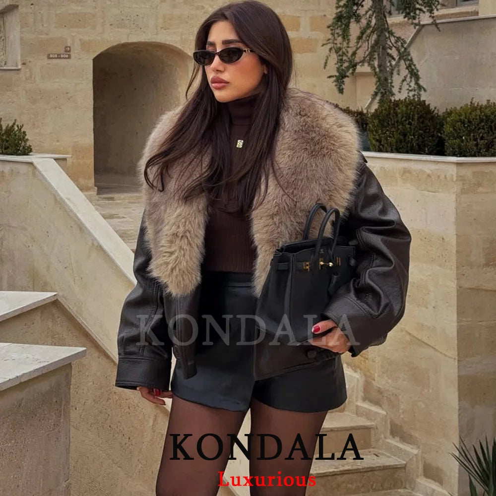 Fur-Collar Faux Leather Jacket