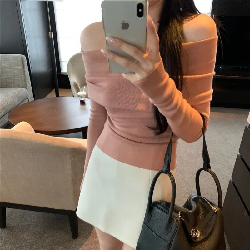 Solid Sexy Off Shoulder T-shirt Elegant Long Sleeve Tops Black Fashion Slim T Shirt Women Autumn Y2k Clothing Elastic Skinny Top