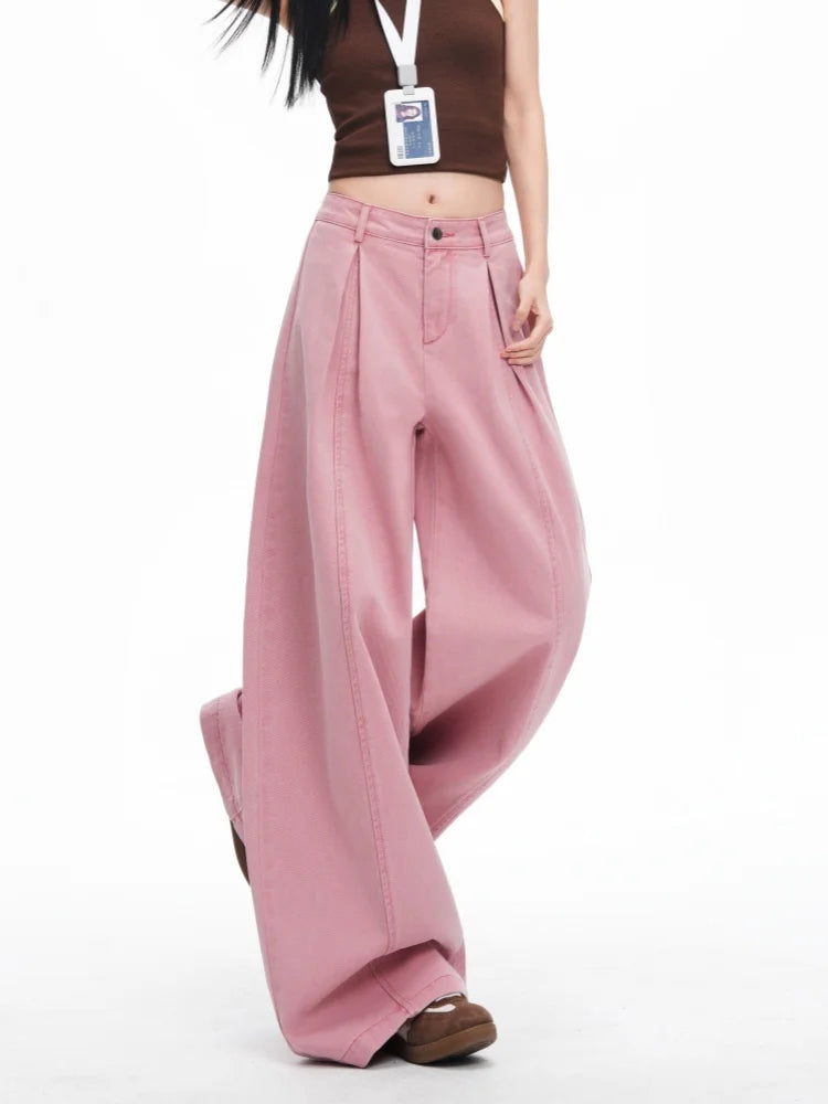 Women's Pink Folds Wide Leg Jeans 2026 Korean Fashion New High Waist Loose Casual Denim Trousers Streetwear Y2k