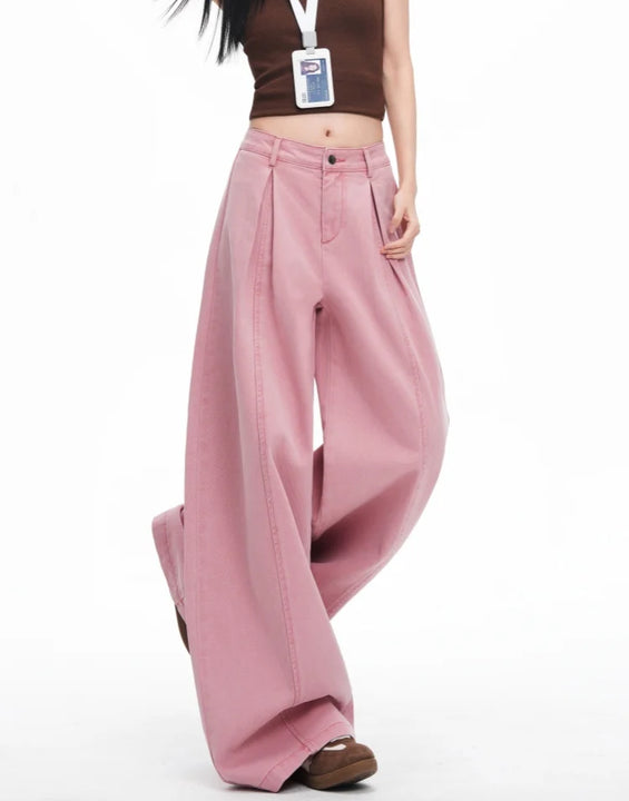 Women's Pink Folds Wide Leg Jeans 2026 Korean Fashion New High Waist Loose Casual Denim Trousers Streetwear Y2k