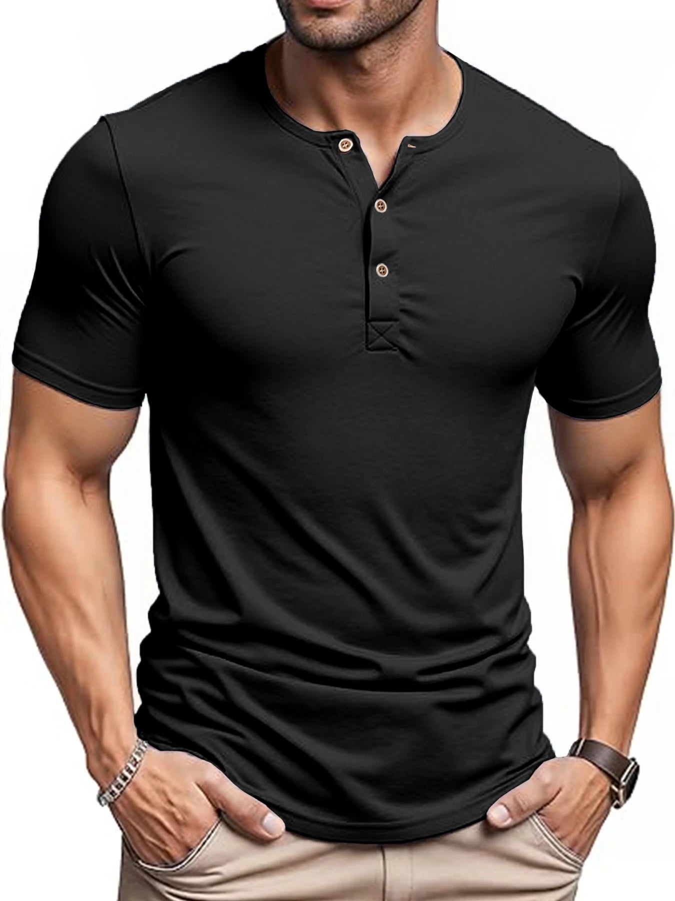 Men's Cooling Henley T-Shirt Slim Fit Short Sleeve Quick Dry Comfy Moisture Wicking Solid Color Button Shirt for Street Style