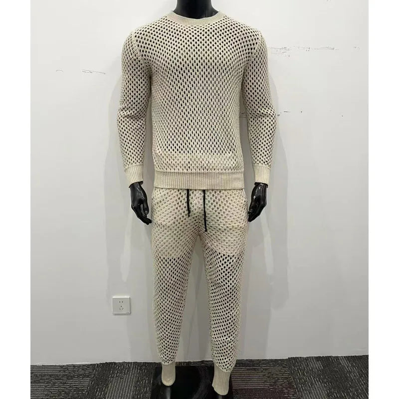 Autumnr Hollow Out Knitted Two Piece Sets Men Casual Solid Color Long Sleeve Tops and Pants Suits Mens Vintage Knit Outfits