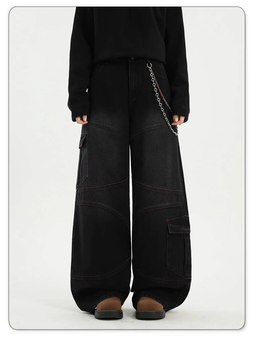 American Street Retro Bright Thread Deconstruction Loose Wide Leg Jeans Unisex  Baggy Men's Clothes Multi Pocket Workwear Jeans