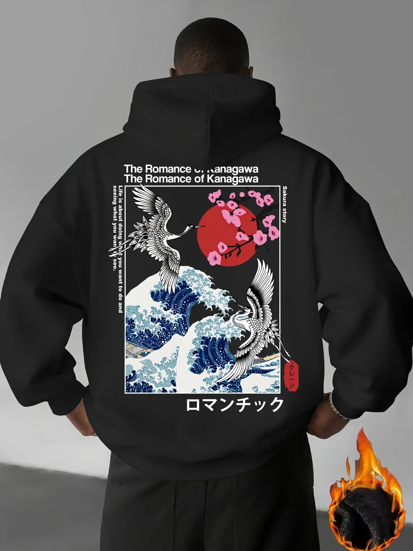 Japan Ukiyoe Sakura&Big Wave Kanagawa Print Men Women Hooded Sweatshirt Autumn Winter Daily Fitness Casual Loose Warm Sportswear