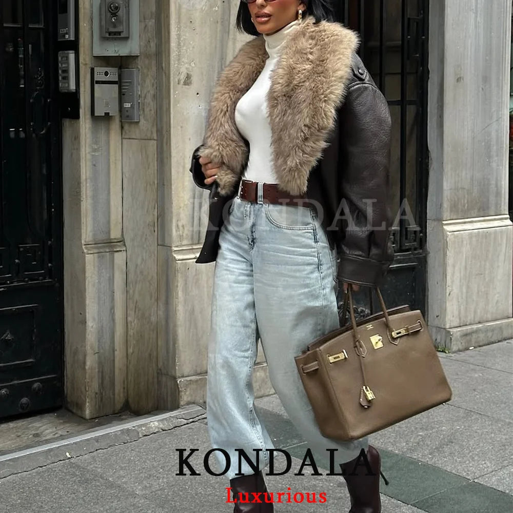 Fur-Collar Faux Leather Jacket