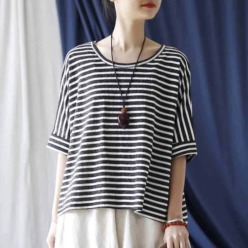 Johnature Women Casual Striped T-Shirts O-Neck Half Sleeve Tees 2025 Autumn New Cotton Soft Women Clothes Loose T-Shirts