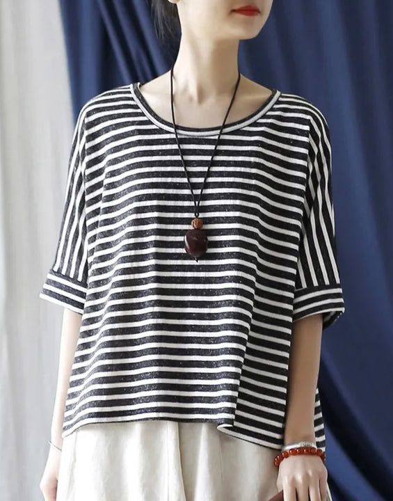 Johnature Women Casual Striped T-Shirts O-Neck Half Sleeve Tees 2025 Autumn New Cotton Soft Women Clothes Loose T-Shirts
