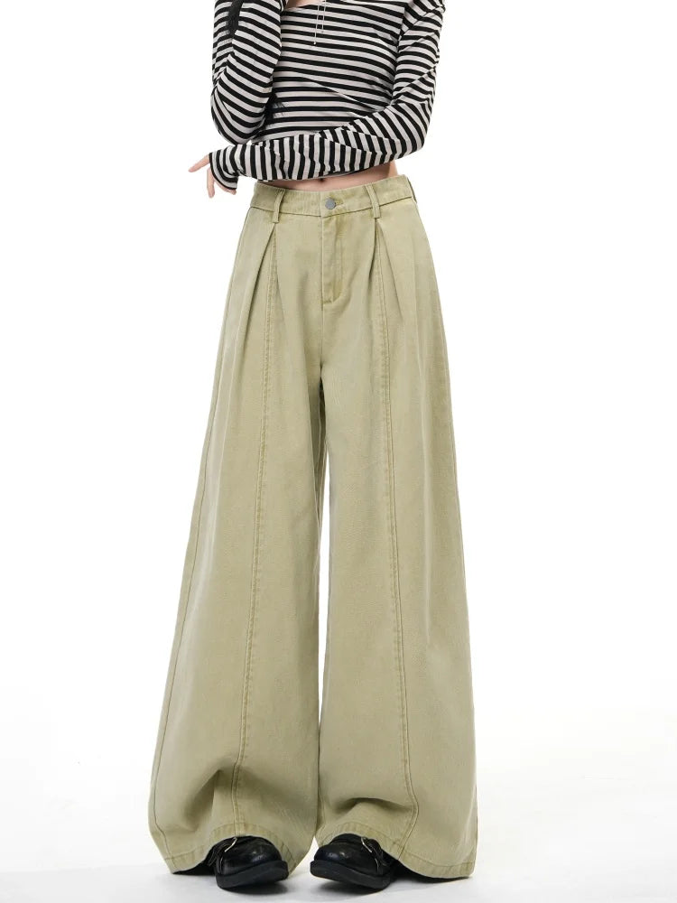 Women's Pink Folds Wide Leg Jeans 2026 Korean Fashion New High Waist Loose Casual Denim Trousers Streetwear Y2k
